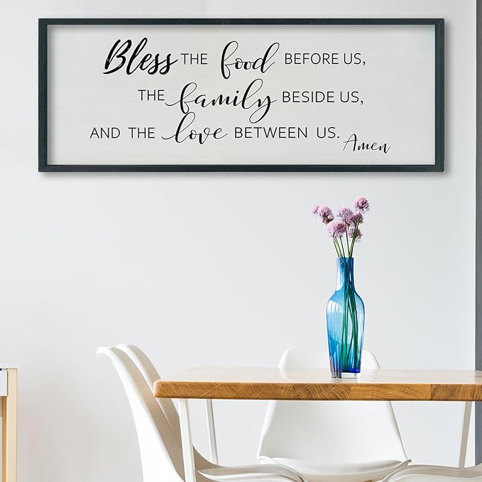 SRSZHIYUE Bless the Food Before Us Wall Sign Decor 40"×15" Christian Bible Verse for Farmhouse Rustic Kitchen Dining Room Framed Wood Scripture Religious Jesus Prayer Wall Art (Black)-Ruum Studio Home