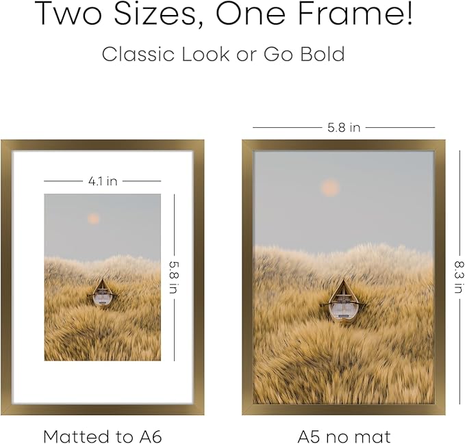 Homeforia A5 Picture Frame Bronze, High End Metal 5.8 x 8.3 Frame Matted to 4.1 x 5.8 Photo, A5 Frame with Mat A6 Art, 5.8x8.3 Poster Frames, 8.3x5.8 Display Frames, Tempered Glass, Wall Kit, Set of 1-Ruum Studio Home