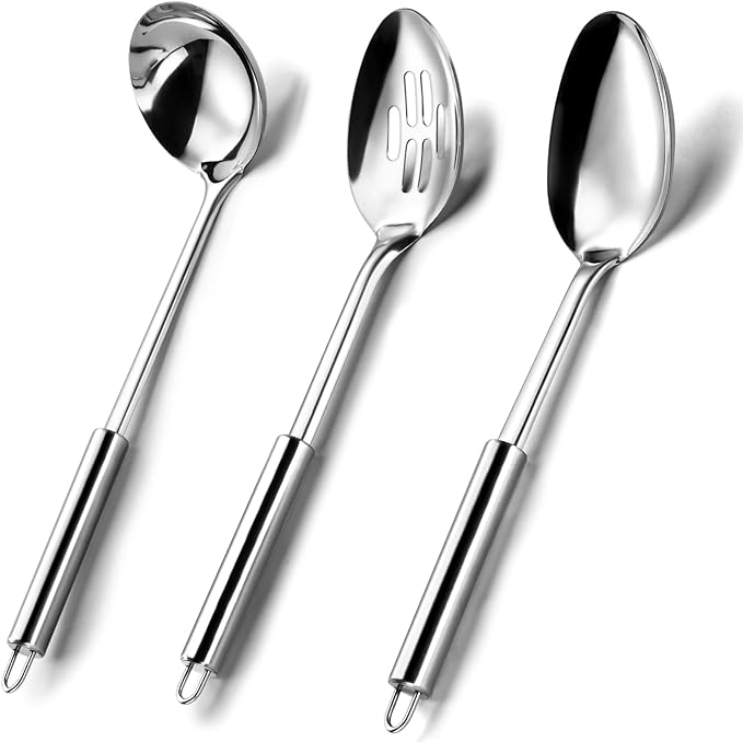 Pleafind Serving Utensils Set for Parties,3-Piece Silver Stainless Steel utensils set,Includes 1 Serving Spoon, 1 Slotted Spoon and 1 Soup Ladle,Serving Spoons for Buffet-Ruum Studio Home
