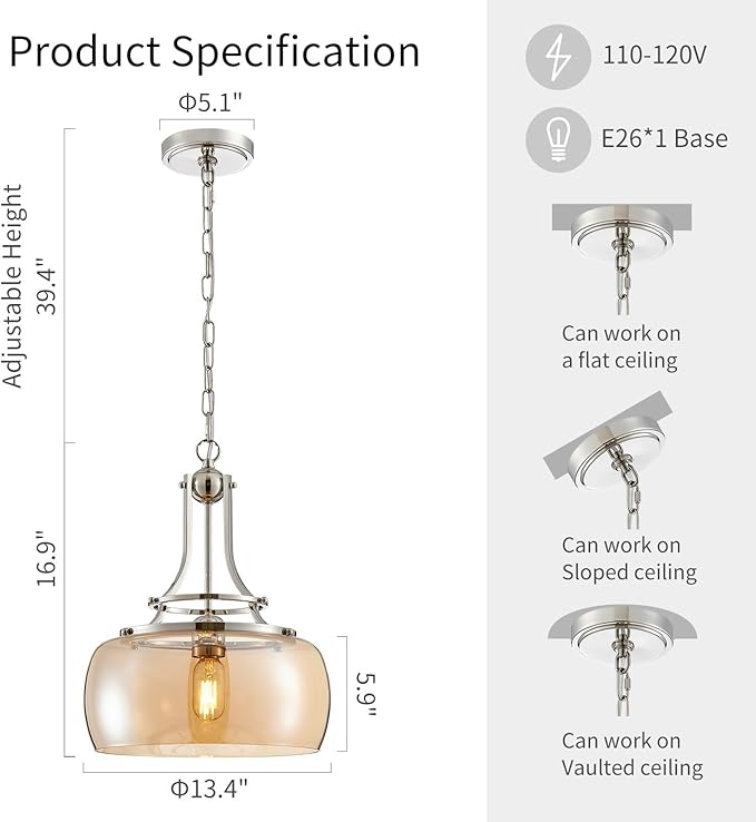 WUZUPS Nickel Chandelier Rustic Farmhouse Industrial Round Ceiling Pendant LED Light Fixture with Amber Glass Shade for Dining Room Kitchen Island Foyer Entryway, H 17" W 13.4", E26 Base-Ruum Studio Home