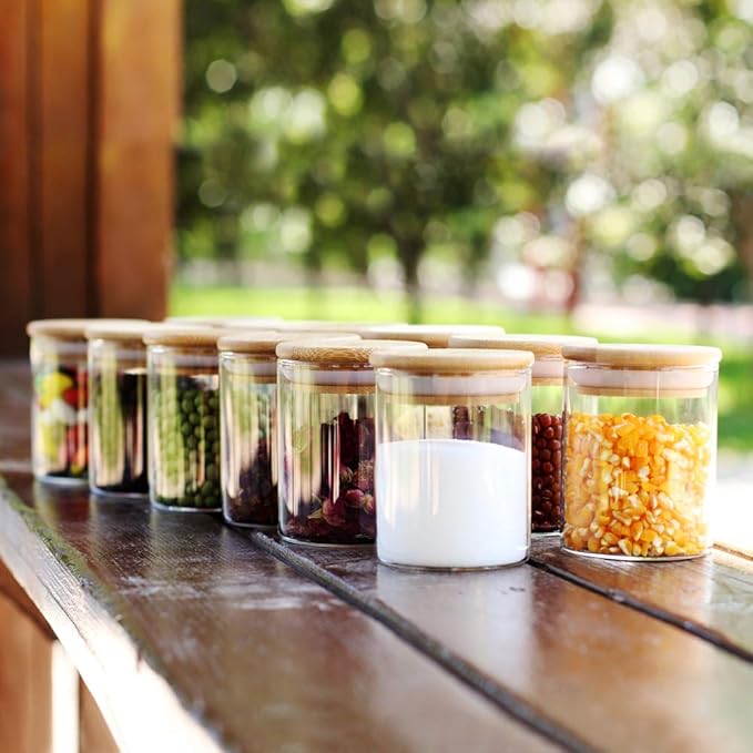 Glass Jars Set,Upgrade Spice Jars with Wood Airtight Lids and Labels, 6oz 12 Piece Small Food Storage Containers for Home Kitchen, Tea, Herbs, Sugar, Salt, Coffee, Flour, Herbs, Grains…-Ruum Studio Home