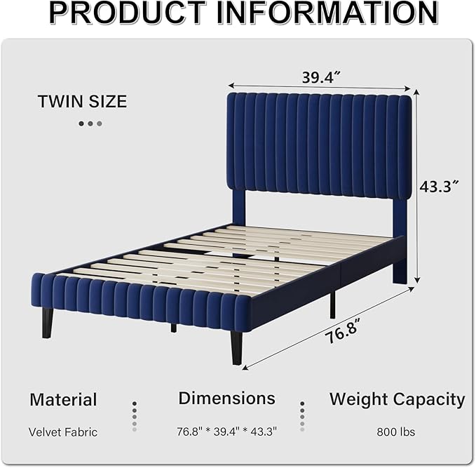 Twin Bed Frame, Velvet Upholstered Platform Bed with Vertical Channel Tufted Headboard and Footboard, No Box Spring Required, Easy Assembly, Blue-Ruum Studio Home
