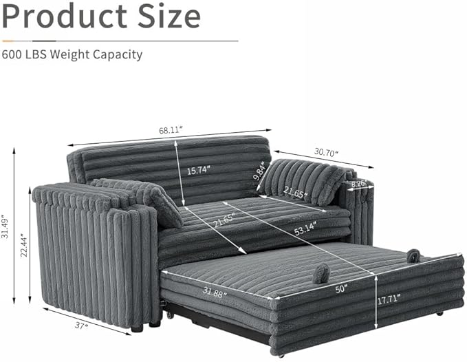 68.11" Corduroy Convertible Sofa Bed with USB Charging Port, Foldable Sleeper Chair with Pillows & Armrests, 3-in-1 Floor Couch for Living Room, Bedroom, Guest Room – Dark Gray-Ruum Studio Home