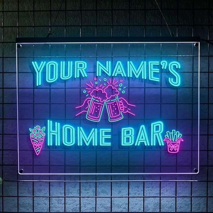 Personalized Home Bar Neon Sign LED Light Up Bar Wall Decor with Beer Mugs and Snacks Icons for Home Pub Kitchen Lounge Man Cave Party Room Custom Name Gift-Ruum Studio Home