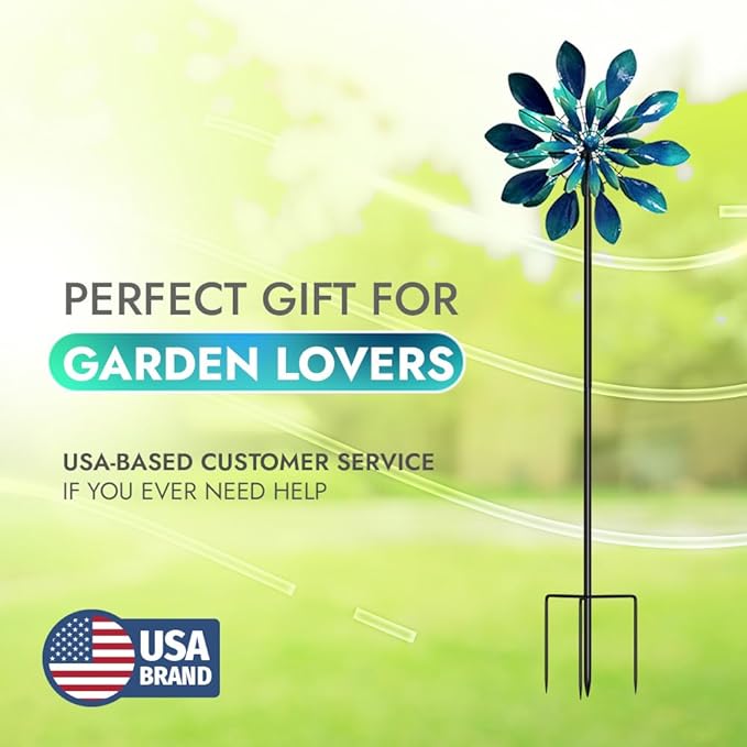Large Wind Spinners - Decorative Garden Whirligigs - Durable Metal Flower Art - Ideal for Yard Decor and Gifts - Outdoor Accessories - Designed for Patios & Landscapes Blue 24"W x 84"H-Ruum Studio Home