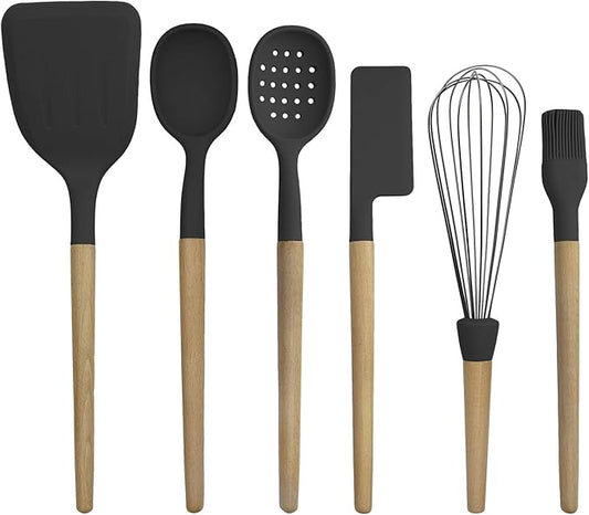 Country Kitchen Non Stick Silicone Utensil Set with Rounded Wood Handles for Cooking and Baking, 6 Piece Set, Black-Ruum Studio Home