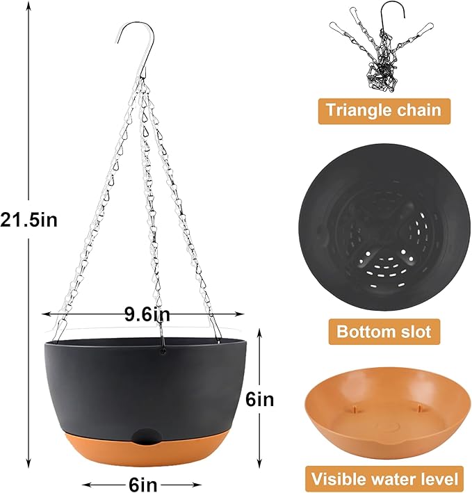 10 inch Plant Pot Hanging Planters Self Watering Pots for Indoor Plants, 3 Pack Plastic Hanging Basket with Removable Tray for Home Garden Porch Balcony Patio Decor(Black)-Ruum Studio Home