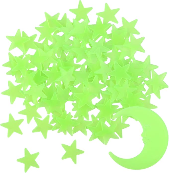 100 Stars and 1 Moon Glow in The Dark Luminous Fluorescent 3D Plastic Glow Stars Moon for Ceiling, Glowing Wall Stickers Create a Realistic Starry Sky, Room Decorations (Green)-Ruum Studio Home