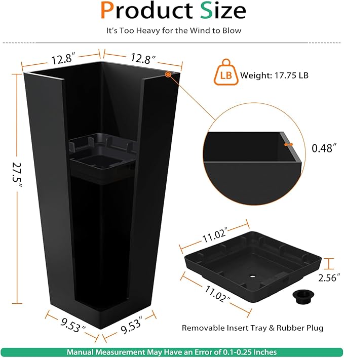 Tall Planters for Outdoor Plants, Large Resin Flower Pots for Garden, Front Porch, Patio, Indoor - Set of 2 (Black, 27.5 inch - 2 Pack)-Ruum Studio Home