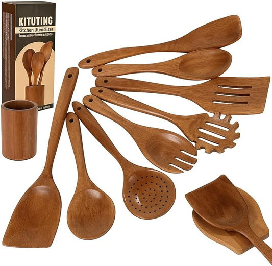 Wooden Spoons for Cooking Set of 10 - Cooking Utensils with Spoon Rest & Holder – Comfortable Grip & Easy to Clean - Wooden Spoon Set for Kitchen with four Hanging Hooks-Ruum Studio Home