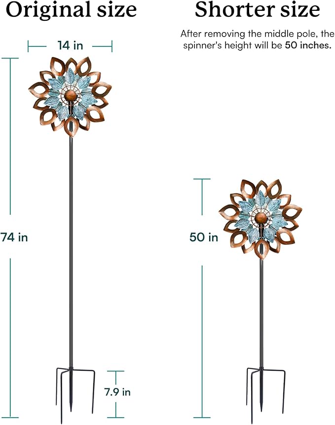 Copper Wind Spinners Outdoor 74 Inches with Solar LED Light, Kinetic Dual Wind Sculptures & Spinners for Yard Lawn Garden Decor, Large Metal Clearance Windmill with Bronze Leaf-Ruum Studio Home