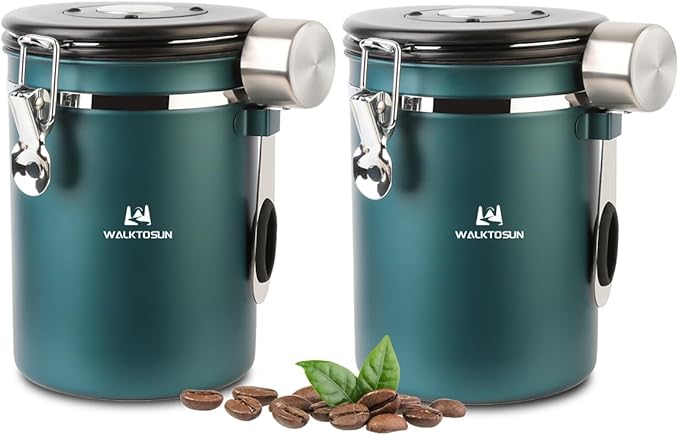 Coffee Canister Airtight Storage Container Stainless Steel Air Tight Coffee Jar with Scoop, Date Tracker CO2 Release Valve for Dry Food, Beans, Ground, Tea, Flour, Cereal and Sugar (1.8L,Green,2Pcs)-Ruum Studio Home