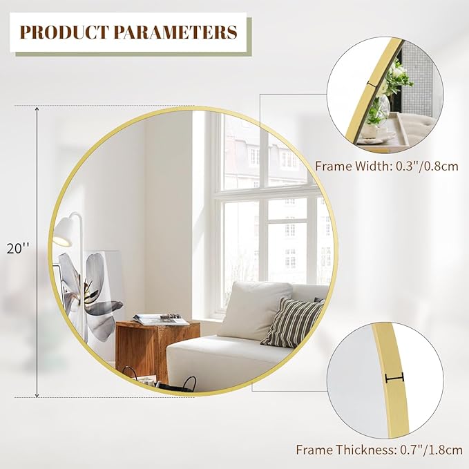 BEAUTYPEAK 20 Inch Round Mirror, Metal Frame Circle Mirror, Wall Mounted for Entryway, Bathroom, Vanity, Living Room, Gold-Ruum Studio Home