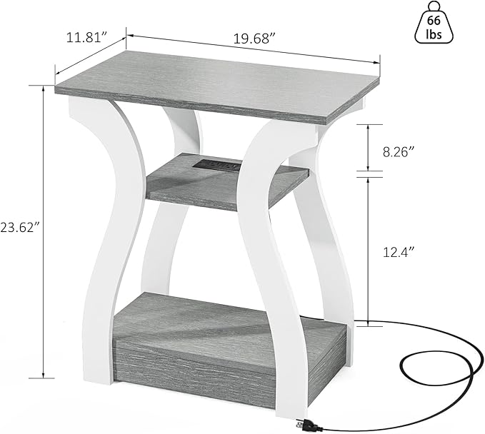 End Tables Living Room, Grey End Table with Charging Station, Grey Side Table, Nightstand for Bedroom, 3 Tier End Table with Storage Shelf for Living Room-Ruum Studio Home