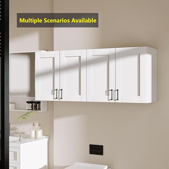 White Laundry Room Cabinets and Storage with 4 Doors and Utility Adjustable Shelf，Gabinetes Para Cocina Cupboard Kitchen Organizers and Storage Pantry Wall Mounted 12.4"D x 47.2"W x 19.7"H-Ruum Studio Home