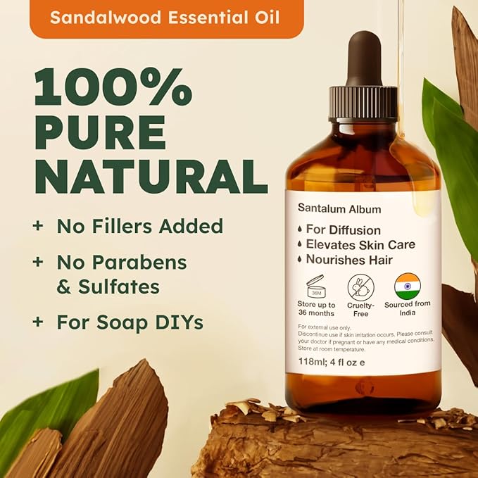 Kukka Sandalwood Essential Oil for Diffuser & Skin - 4 Fl Oz - 100% Pure Natural Sandalwood Oil, Woody Scent, for Massage, Perfume, Hair, Aromatherapy, Candle & Soap Making Scent DIY-Ruum Studio Home