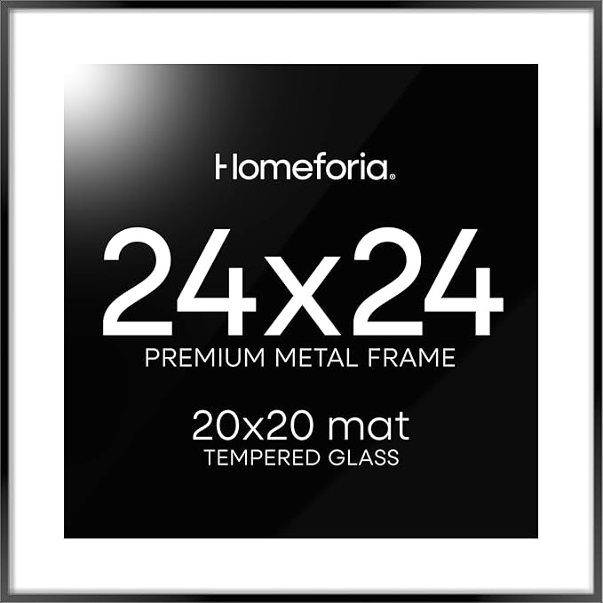Homeforia 24x24 Picture Frame Black, High End Metal 24 x 24 Large Square Poster Frame Matted to 20 x 20 in Photo, 24by24 Thin Black Frames with Mat 20x20 inch Print, Tempered Glass, Wall Kit, Set of 1-Ruum Studio Home
