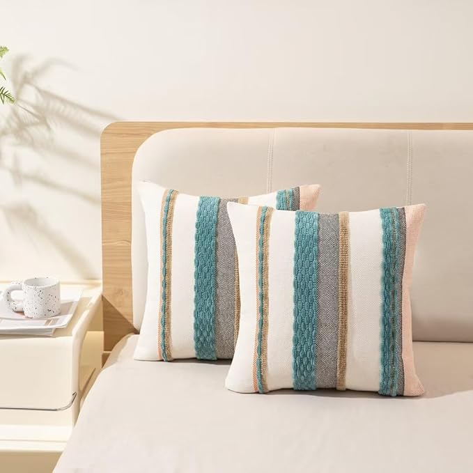 Boho Throw Pillow Covers 18x18 Set of 2 Farmhouse Decorative Cushion Case Striped Square Pillows Cover Chenille Pillow Cases Accent Neutral Pillowcase for Sofa Couch Bed,Blue-Ruum Studio Home