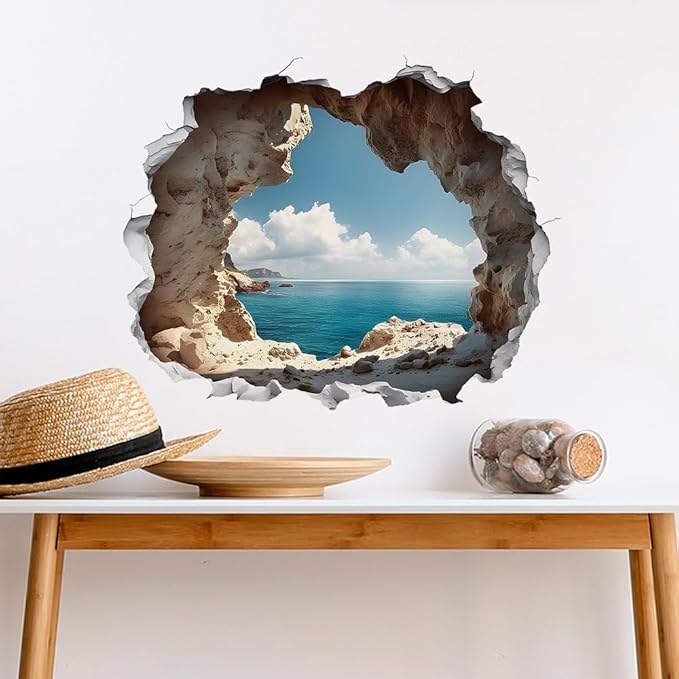 Cave by The Sea Wall Stickers for Living Room Large 3D Broken Wall Wall Decals Removable Peel and Stick Wall Art Home Decor Decoration for Bedroom Bathroom Classroom Library-Ruum Studio Home
