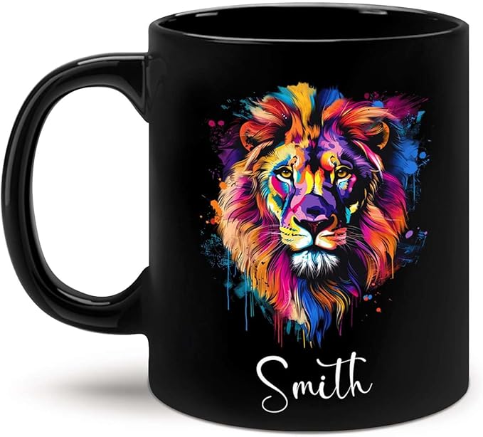 Personalized Lion Black Mug, Gift For Son Grandson, Custom Lion Coffee Cup With Name, Customized Colorful Animal Design Mug, Unique Animal Lover Cup 11oz 15oz-Ruum Studio Home