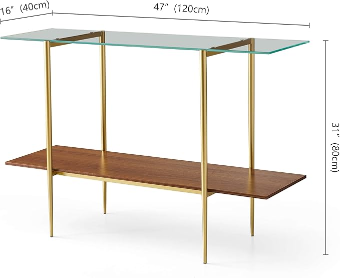 Extra Large Glass Console Table for Living Room, Foyer & Entrance, L47 x W16 x H31, Mid-Century Modern Sofa Table with Clear Glass Top, Walnut Finish Wood Top and Gold Finish Metal Frame-Ruum Studio Home