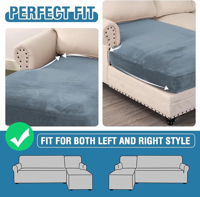 H.VERSAILTEX Velvet Stretch Individual Chaise Cover Sectional Couch Covers for L Shaped Sofa Both Left/Right Furniture Protector Seat Cushion Sofa Cover (1 Piece Chaise Cover, Stone Blue)-Ruum Studio Home