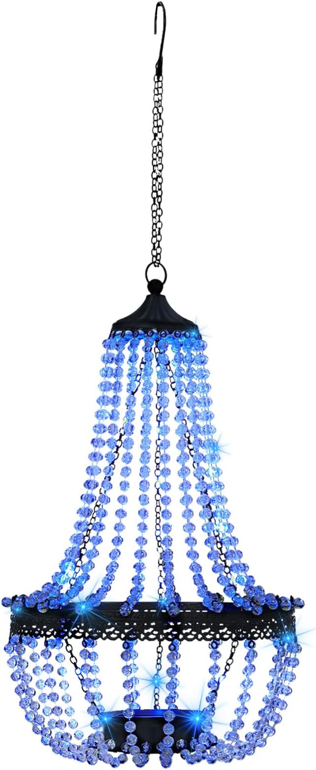 Hanging Solar Chandelier Outdoor, 30 Blue Lights Acrylic Clear Beaded Chandelier with S Hooks Modern Lantern for Garden Yard Patio Gazebo Decorations, 28”H-Ruum Studio Home