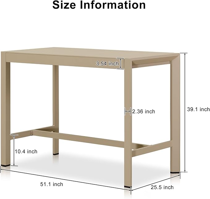 PURPLE LEAF 39.1'' Rectangle Outdoor Patio Counter Height Dining Table, Durable Aluminum Bar Height Pub Table for Counter Bar Stool, Water-Proof Tall Dining Table with Sturdy Legs, Champagne-Ruum Studio Home