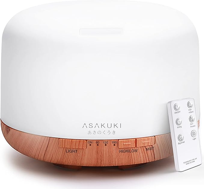 ASAKUKI 500ml Premium, Essential Oil Diffuser with Remote Control, 5 in 1 Ultrasonic Aromatherapy Fragrant Oil Humidifier Vaporizer, Timer and Auto-Off Switch Brown-Ruum Studio Home