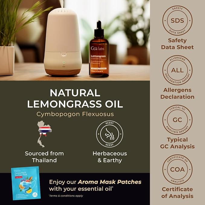 Gya Labs Lemongrass Essential Oil for Diffuser - Huge 4 Fl Oz - 100% Pure Natural Lemongrass Oil for Hair, Skin & Candle Making Scent-Ruum Studio Home