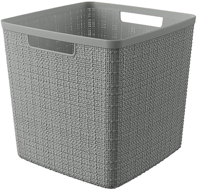 Curver Set of 4 Jute Large Cube Decorative Plastic Organization and Storage Baskets, Perfect Bins for Home Office, Closet Shelves, Kitchen Pantry and All Bedroom Essentials, Grey-Ruum Studio Home