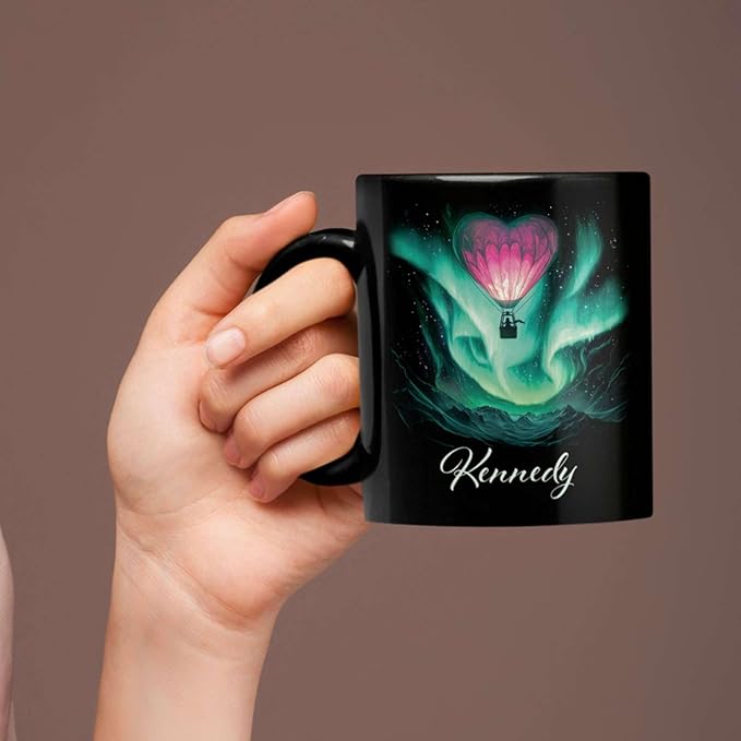 Customized Name Coffee Cup, Custom Hot Air Balloon Mug With Heart-Shaped, Personalized Northern Lights Ceramic Mug, Gift For Couples On Valentine's Day, Love Black Cup 11oz Or 15oz-Ruum Studio Home