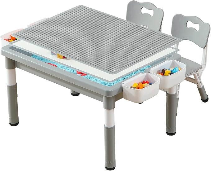 Multi Functional Kids Table and 2 Chairs Set, Graffiti & Building Blocks Double-Sided Tabletop, Toddler Play Table with Drawers, Large Storage Space, Gift for Boys/Girls, Gray-Ruum Studio Home