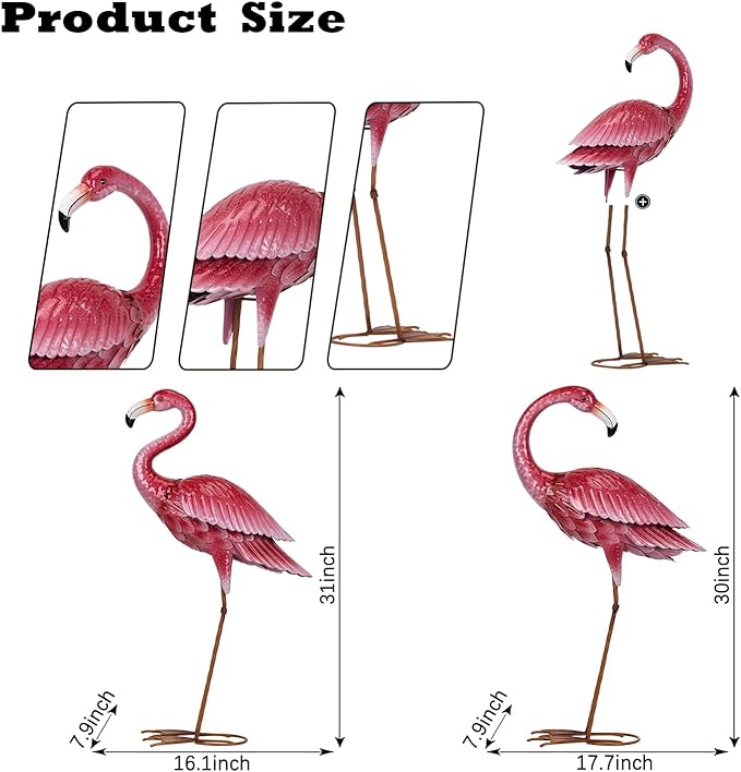 Kircust Flamingo Garden Sculpture & Statues, Metal Birds Yard Art Outdoor Statue, Large Pink Flamingo Lawn Ornaments for Home, Patio, Backyard Decor (2-Pack)-Ruum Studio Home
