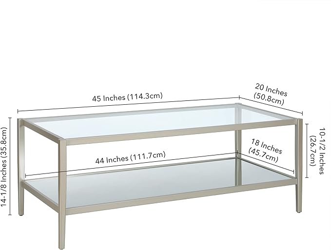 Henn&Hart 45" Wide Rectangular Coffee Table with Mirror Shelf in Satin Nickel, Coffee Table coffee tables for living room, studio apartment essentials-Ruum Studio Home