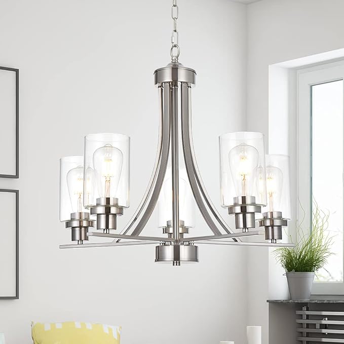 BONLICHT Traditional Chandelier Lighting 5 Light Brushed Nickel Modern Light Fixtures Hanging Pendant Lighting with Clear Glass Shade Classic Ceiling Lights for Kitchen Dining Room Living Room Island-Ruum Studio Home