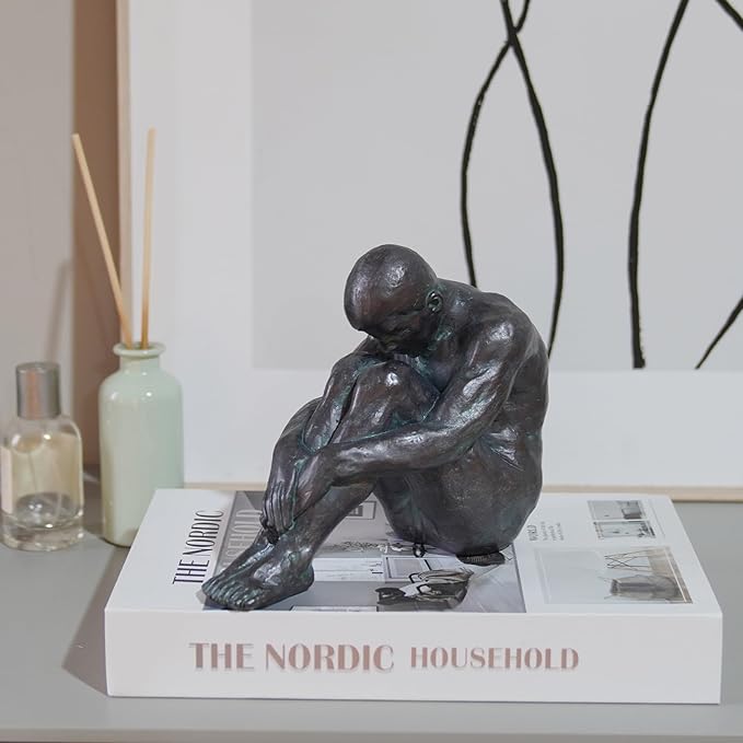 Guichifun Sitting Man Sculptures Home Decor - Resin Bronze Male Holding Arms Legs Lonely Statues Decorative Objects Outdoor Gift for Men 7.5 x 3.7 x 5.8 Inch-Ruum Studio Home