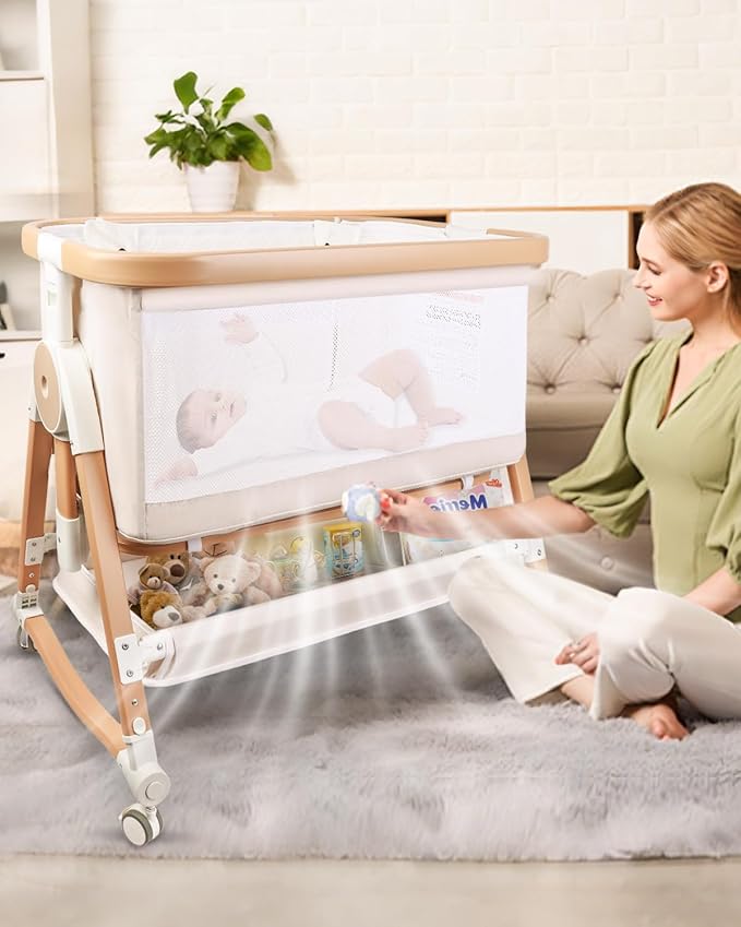 4 in 1 Baby Bassinet, Bassinets Bedside Sleeper with Wheels and Storage Basket, Adjustable 7 Heights Bedside Sleeper with Mosquito Net, Breathable Mesh Rocking Bassinet for Baby-Ruum Studio Home