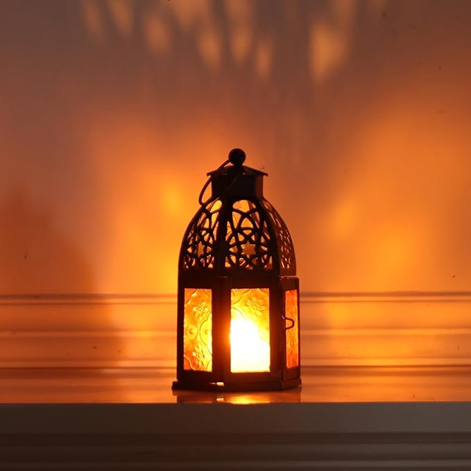NEEDOMO Set of 4 Moroccan Candle Lantern, 9" Ramadan Lanterns Decorative Indoor Outdoor, Vintage Candle Holder for Chritsmas, Halloween, Table, Patio, Porch, Shelf, Ramadan Decorations (Amber)-Ruum Studio Home