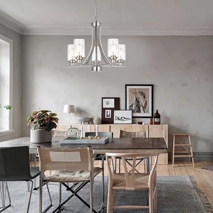 BONLICHT 5 Lights Traditional Chandelier Brushed Nickel Kitchen Island Dining Room Lighting Fixtures Hanging Seeded Glass Pendant Light Modern Flush Mount Ceiling Light for Living Room Bedroom Foyer-Ruum Studio Home