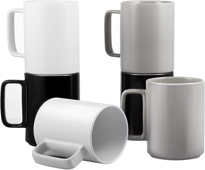 E-liu Porcelain Tea Mugs Coffee Mug Set, Large 15 Ounces Cups for Coffee, Tea, Cocoa, and Mulled Drinks, Set of 6, BlacK White Grey-Ruum Studio Home