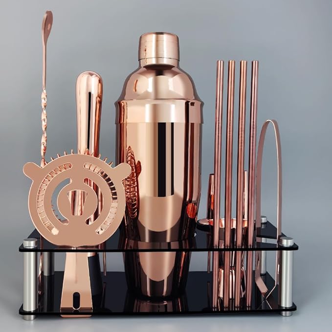 14-Piece Cocktail Shaker Set Bartender Kit with Black Stand, Bar Tool Set for Drink Mixing Bartending Kit Bar Sets Accessories: 750ml(25oz) Shaker, Jigger, Muddler, Cocktail Recipes (Rose Gold)-Ruum Studio Home