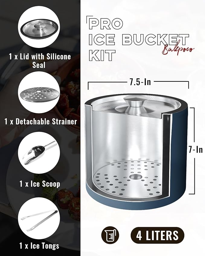 4L Ice Bucket with Silicone Lid, Scoop, Tongs & Strainer, Stainless Steel Double Wall Insulated Ice Buckets for Parties & Cocktail Bar, Outdoor Champagne Ice Container Bin, Navy-Ruum Studio Home