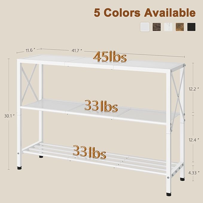 Hoctieon White Industrial Console Table, 3 Tier Entryway Tables, Hallway Desk, Narrow Sofa Tables with Shelves, Entrance Table for Entryway, Living Room, Foyer, Hallway, Office, White-Ruum Studio Home