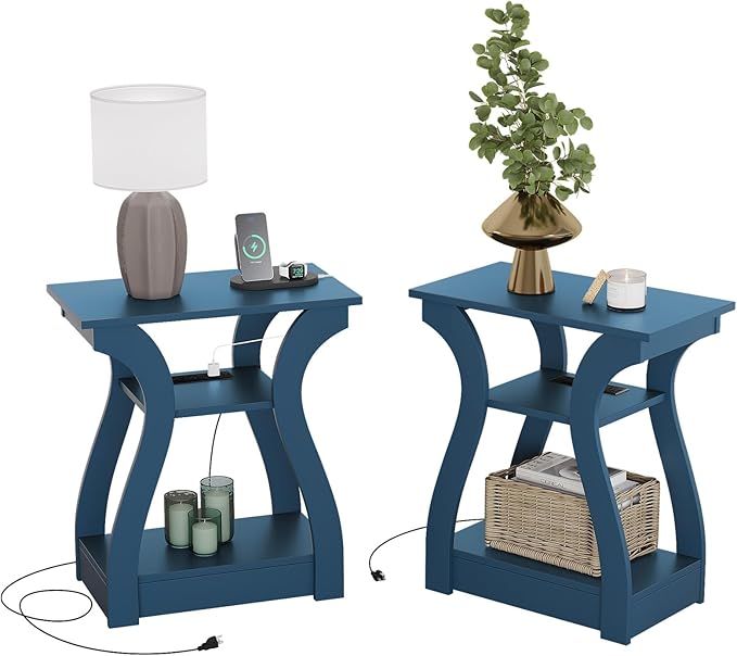 End Tables Living Room Set of 2,End Table with Charging Station and USB,Navy Blue Side Table, Nightstand for Bedroom,3 Tier End Table with Storage Shelf for Living Room Navy Blue-Ruum Studio Home