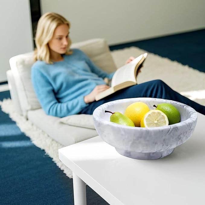 Natural White Marble Bowl with Grey Veins Large Decorative Bowl for Home Decor，Entryway, Fruit Display, Key Holder, Centerpiece (10.2" Diameter)-Ruum Studio Home