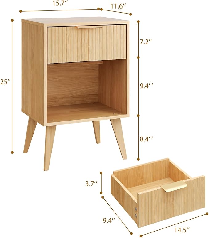 Fluted Night Stand with Opening Storage,Mid Century Bedside Table with Drawer,Wood Nightstand with Solid Wood Legs,End Table Side Table for Living Room,Bedroom,Natural CTG56Y-Ruum Studio Home