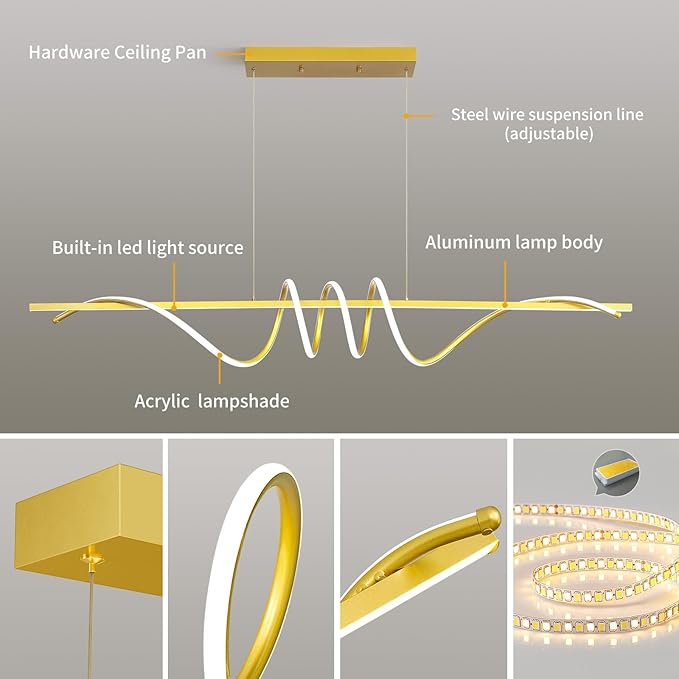 Modern Design Dimmable Desk Linear Pendant Light, with Remote Control Dimmable 3 Color Mode & Brightness Ceiling Lamp, Anti-Flicker Dining Light Fixture for Kitchen, Dining Room (Gold, 57IN)-Ruum Studio Home