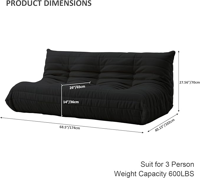 Luxury Sofa Couch Chair, Lazy Floor Seating, Fireside Bean Bag Chair, Ergonomic Tatami Sofa Lounger for Living Room, Bedroom, Office, 3 Seat, Black-Ruum Studio Home