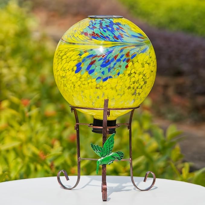 10" Diameter Solar Gazing Ball and 8.5" Metal Stand Indoor Outdoor Glass Globe Sphere Yard Art Ornament Solar Gazing Balls for Garden,Lawn,Porch,Patio Gardening Gift for Women(Yellow)-Ruum Studio Home
